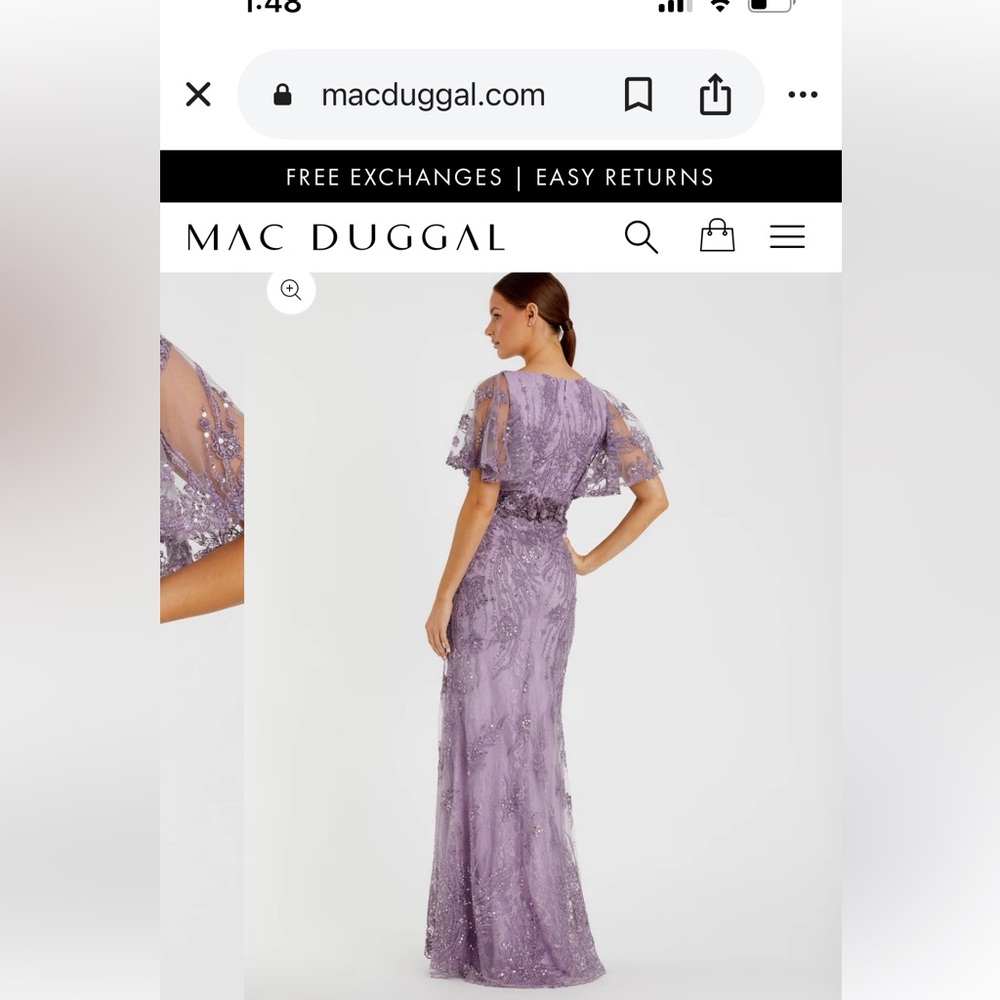 Mac Duggal Purple Flutter Sleeve V-Neck Gown - Picture 2 of 14